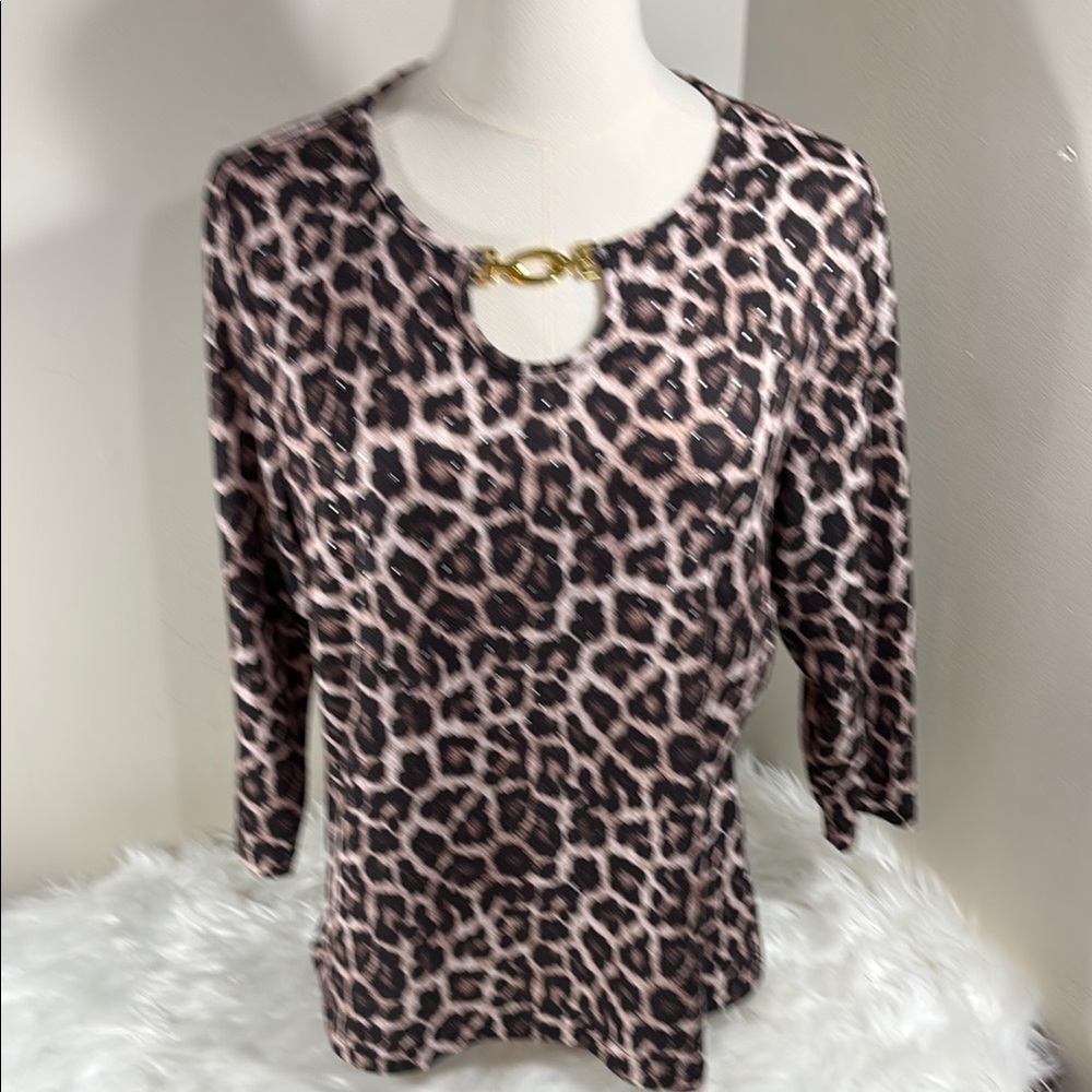 Rebecca Malone Leopard Print Women's Knit Top with Gold Accent